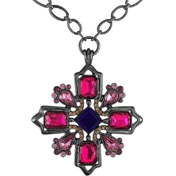Vintage Large Gunmetal Maltese Cross Pendant Necklace Pink & Clear Rhinestones - Picture 1 of 5